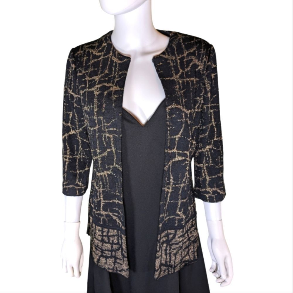 Ming Wang sapphire knit Jacket‎ Black Metallic Gold Knit 3/4 Sleeves s